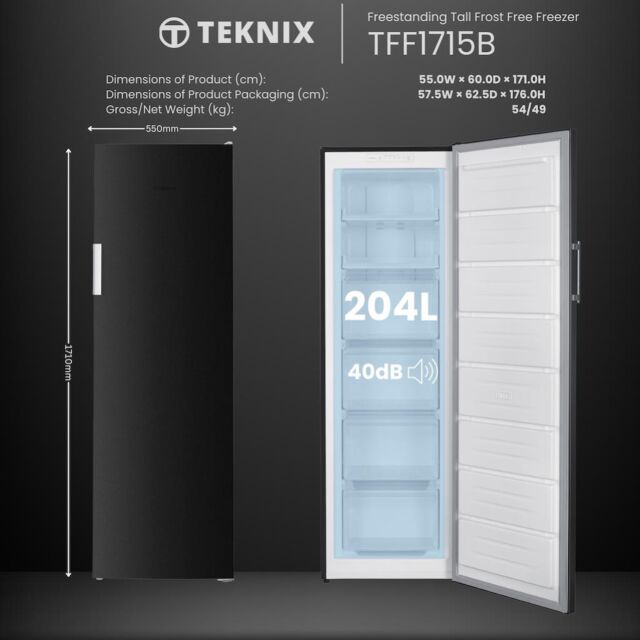 Teknix TFF1715B 171cm Tall Freezer Total No Frost - Black
