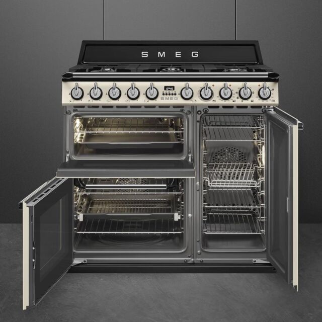 Smeg TR93P 90cm Victoria Dual Fuel Range Cooker, Cream