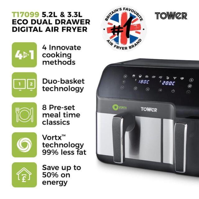 Tower T17099 Eco Duo Air Fryer Grey Digital 5.2L + 3.3L